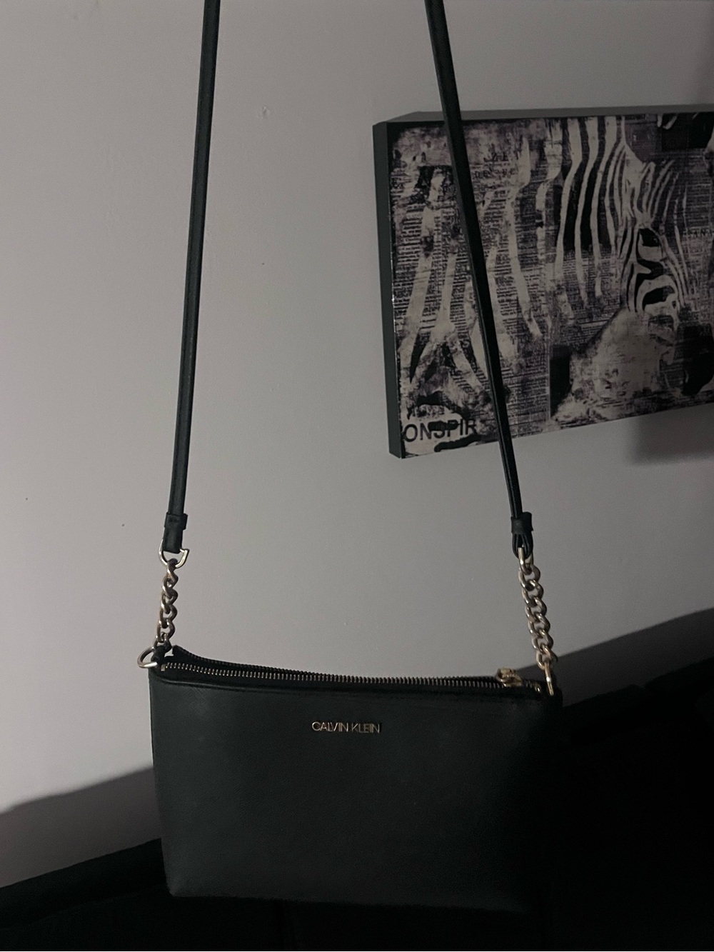 Calvin Klein Black Crossbody with Gold Chain Accents